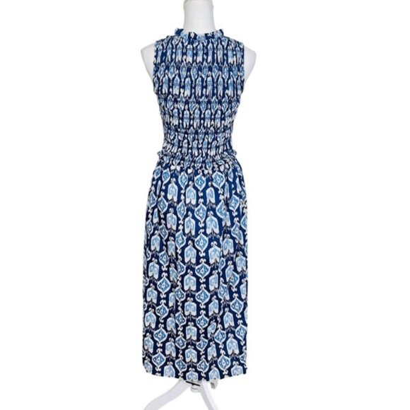 J. McLaughlin The Ciri Maxi Dress Blue Damask 100% Cotton Ruched Bodice Casual - Picture 6 of 14